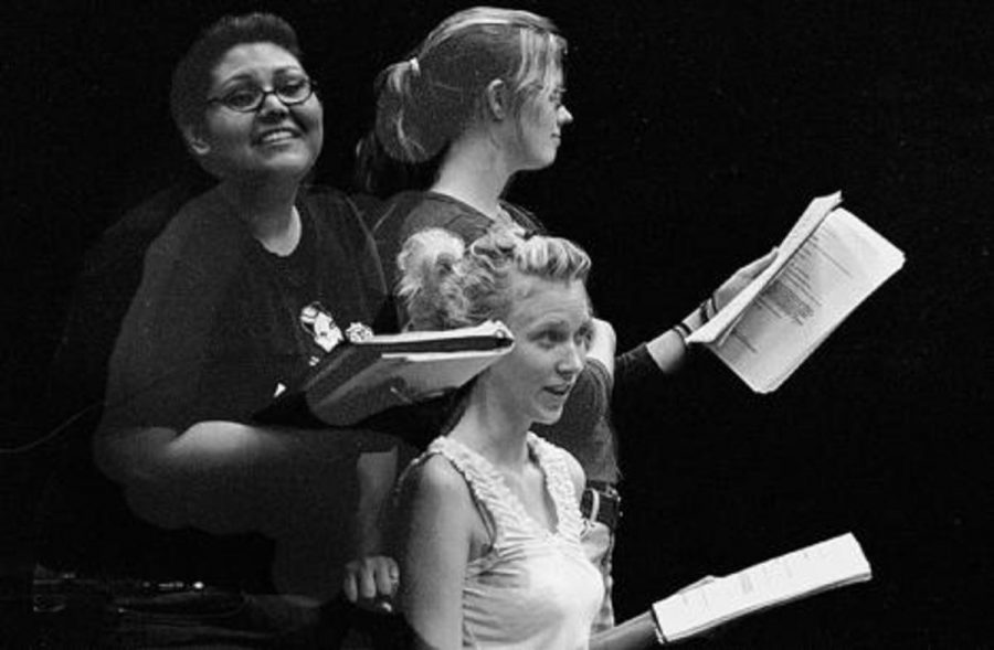 Katie Pajao, left, Erin Brooks, right, and Ashley Reedy, seated, rehearse a piece called "My Angry Vagina" for the Moorpark Theatre Arts production of "The Vagina Monologues," a play by Eve Ensler. 