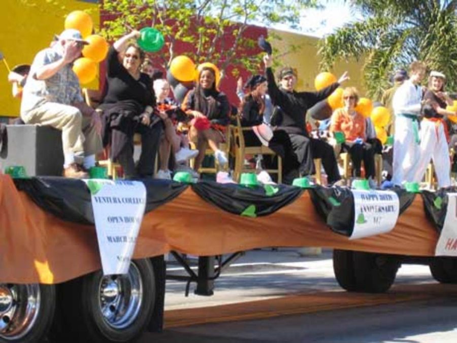 Ventura College participated in a St. Patricks Day parade through the Main Street in Ventura. The float is one of the many events and activities taking place in celebration of the schools 80th anniversary.