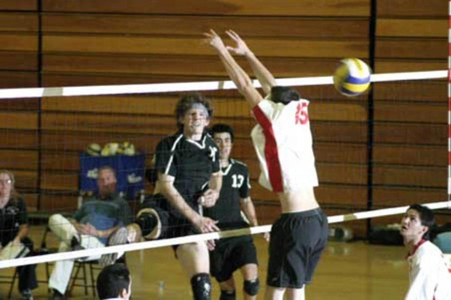 Kevin Meehleis McClure of Moorpark College gets one of his seven kills against Pierce College in a 3-1 victory. The Raiders are currently in first place in the Western State Conference.