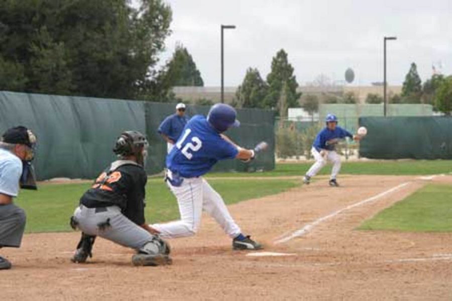 Oxnard College third baseman Jason Nash puts the ball in play as Chilo Escutia waits to come home. While Oxnard threatened, Ventura College was the eventual victor in a game played on March 18. OxnardÂ´s next scheduled game will be at home versus Santa Barbara April 6.