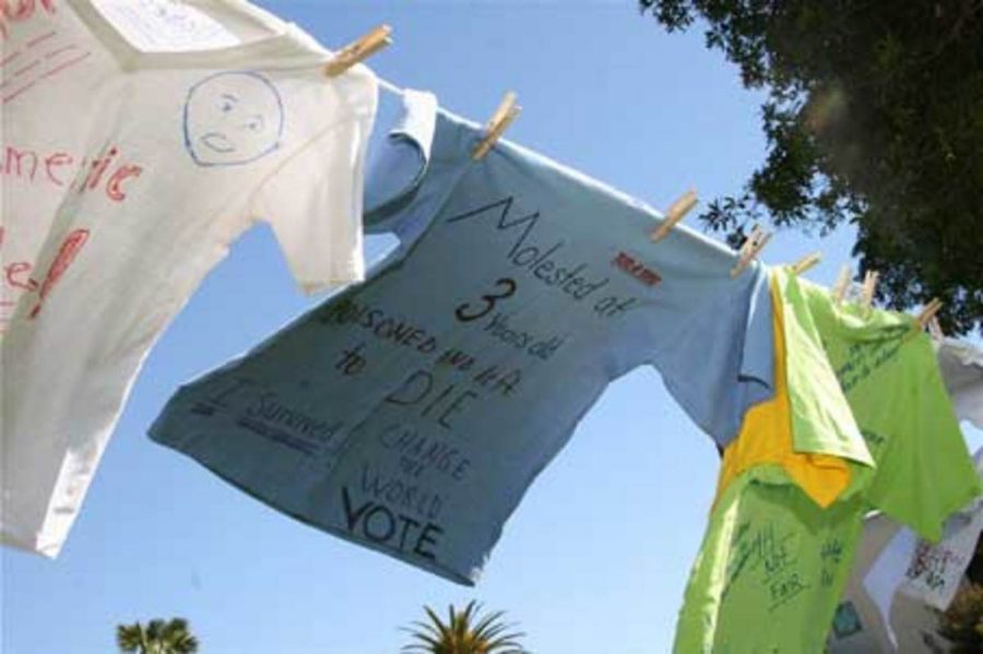 'Airing Out Dirty Laudry'  T-shirts on display at Ventura College during it's semi-annual Clothesline Project, sponsored by the Psychology Club on campus.