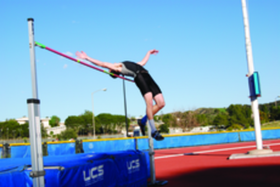 Kyle Elsea clears 6' 6" to place first for the Raiders at their  5-way conference opening track meet on Feb. 14 at Moorpark College.