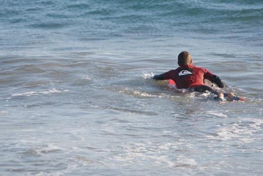 Meyer paddles out to the lineup for the beginning of the semi-final heat in bodyboarding. Meyer would take second in the semi-final and advance onto the final heat. 
