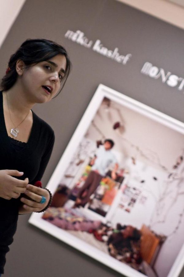 Artist Niku Kashef explains the inspiration behind her latest series, Monsters in the Closet during an exposition at Moorpark College.