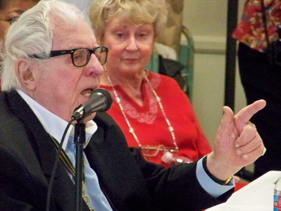 Writer Ray Bradbury, 88, speaks at the Simi Valley Public Library on Sunday as Linda Bankheart of the Simi Valley Library Foundation looks on.