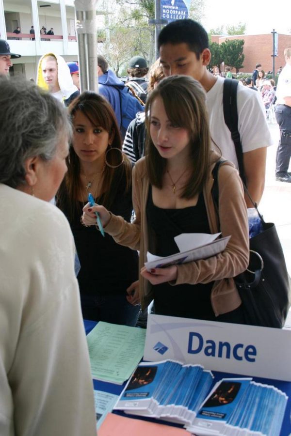 Karen Kniger, 17, from Westlake High School, right, learns about the dance department from instructor Beth Megill. Brenda Alvarado, 17 and Chris Vinijdranhal, 18, also from Westlake were on campus for College day on March 11.