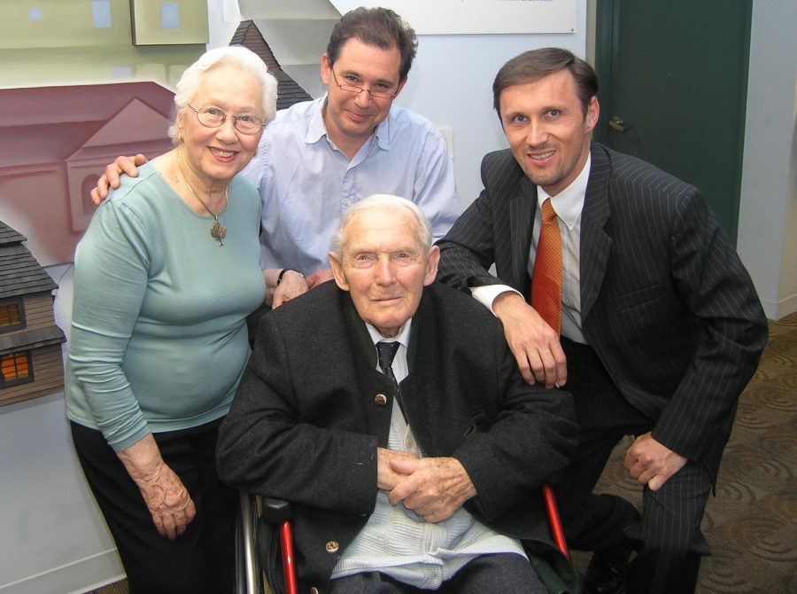 From left to right, Renee Firestone, an Auschwitz concentration camp survivor, Professor Ferenc Gutai and Bernhard Rammerstorfer surround 103-year-old Holocaust survivor, Leopold Engleitner. Engleitner and Rammerstorfer are coming to Moorpark College on their Unbroken Will 2009 lecture tour. Renee Firestone will be a special guest on the Friday night lecture.