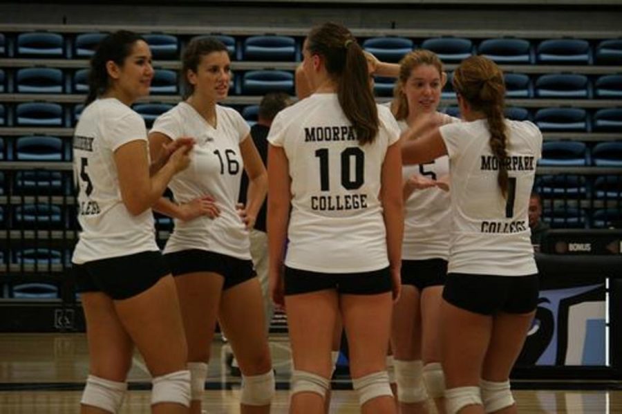 Moorpark College Raiders talking it over before the second set. They successfully won three straight sets to defeat the Citrus College Owls. 