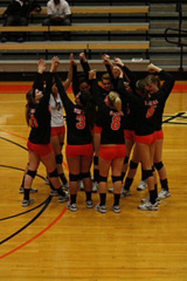 The VC Pirates volleyball team performing their traditional pre-game chant before a set. The Pirates swept Allan Hancock in three sets on Oct. 20, 2009