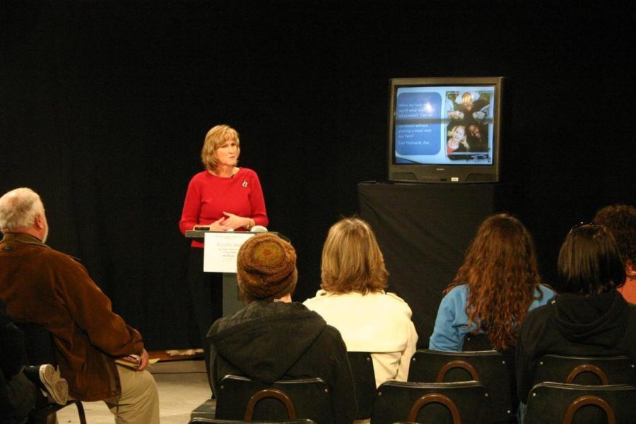 Moorpark College Coordinator of Student Health Services, Sharon Manakas presents the results of a student health survey at the Year of Service Event, "Behind the Mask" on Feb. 10.