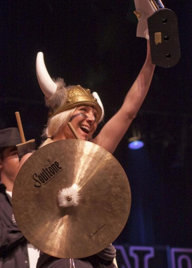 First place winner Donna Viking Drummer Meichtry celebrates her win at the 12th annual Moorpark College Talent Show. 