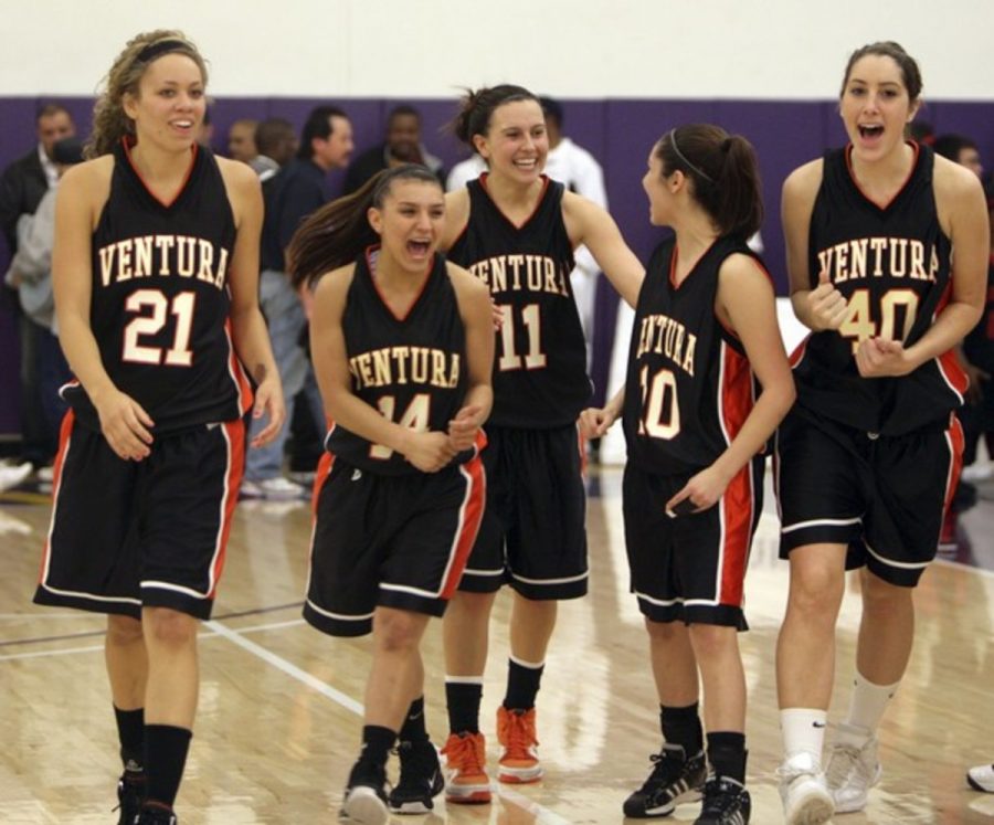 Ventura College’s Chanelle Brennan, Brenda Van Someren, Erika Ward, Amanda Padilla and Jordan Clegg, from left, celebrate their 60-56 victory over City College of San Francisco in the state semifinal game at CLU’s Gilbert Center on Saturday.