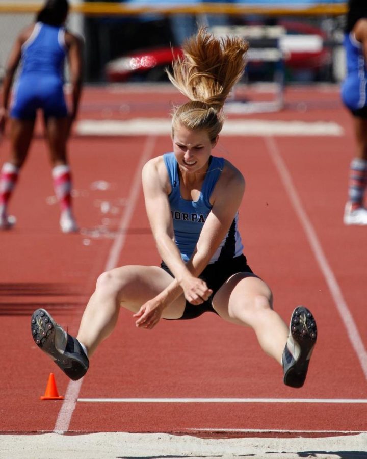 Moorpark's Leanne McCarthy competes in the long jump at the WSC Championships at Moorpark's Griffin Stadium on April 30.