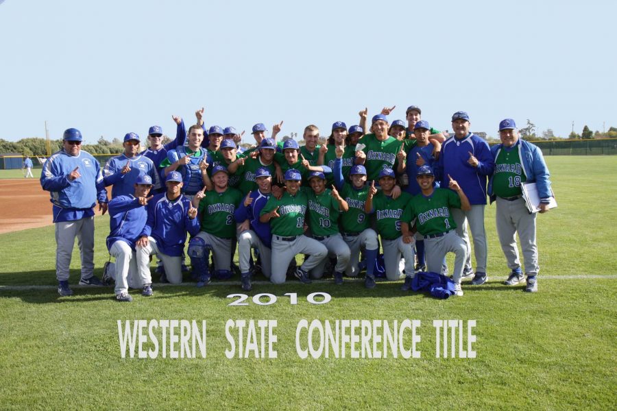 The Oxnard College baseball team poses together after clinching the WSC title April 30.