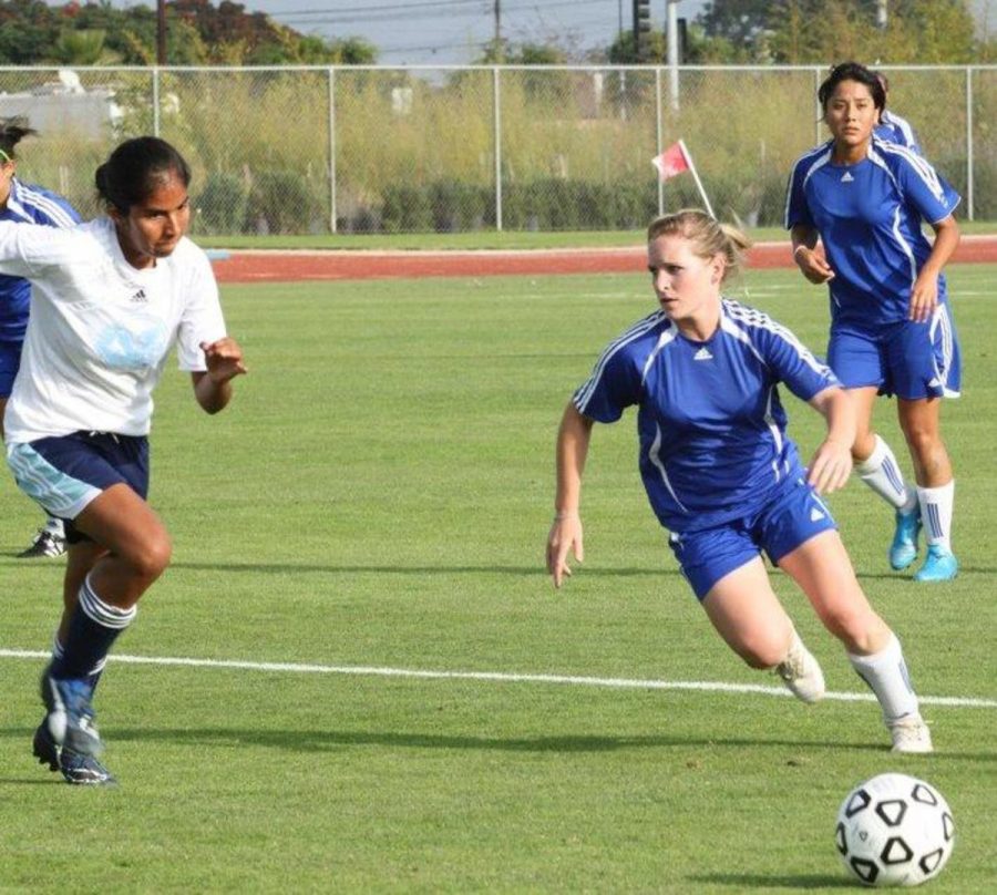 Brittany Charles freshman and forward drives the ball against L.A. Mission , she had 2 goals (there was an error in the print edition on this caption the name is changed here .)