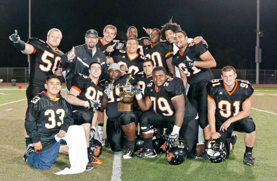 NUMBER 1—But should they be first in line to register for classes? The Moorpark College men’s football team celebrates victory as the 2010 Citrus Cup champions this fall.