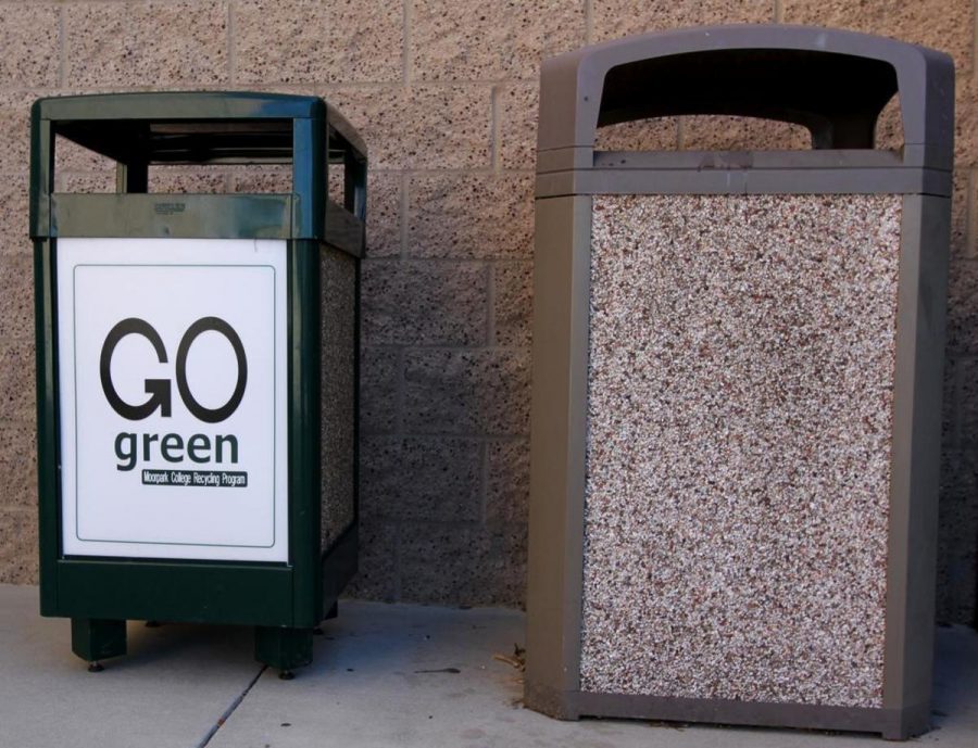 Go Green and Normal trash bins on campus