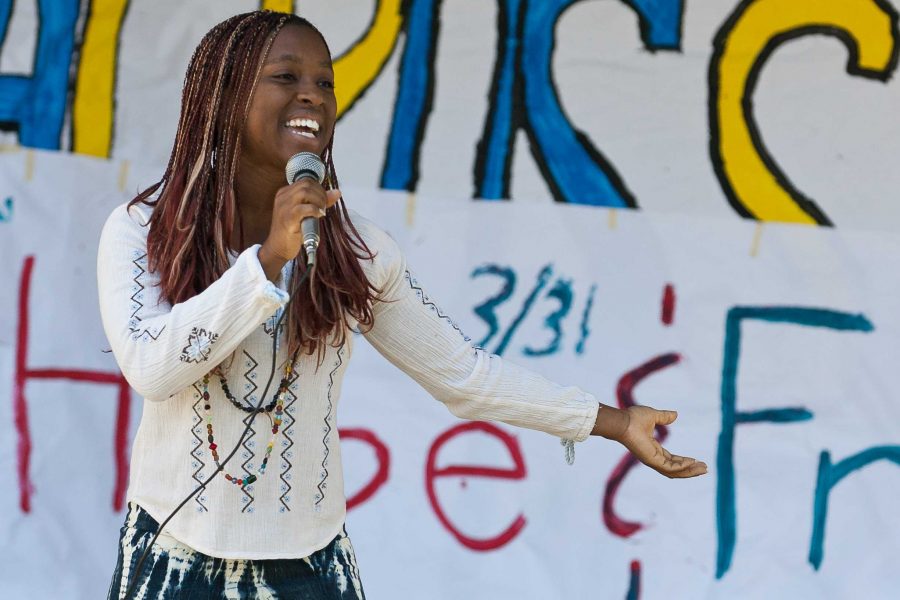 Sade Champagne performs a song for students at Ventura College on Tuesday. -