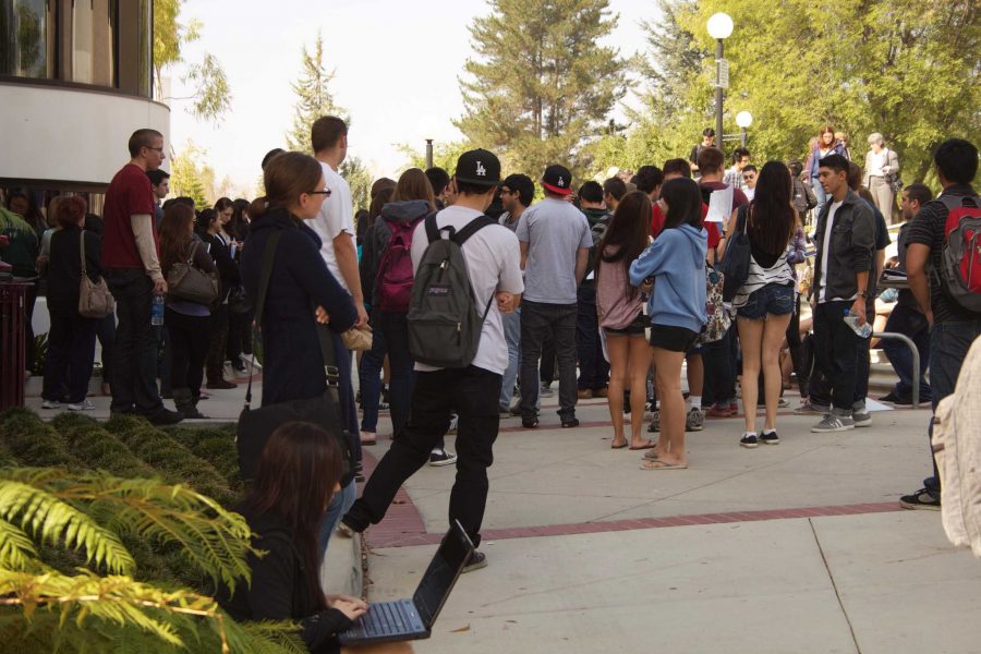 Students awaiting the word they can return to their classes during the Great California Shakeout held Thursday.