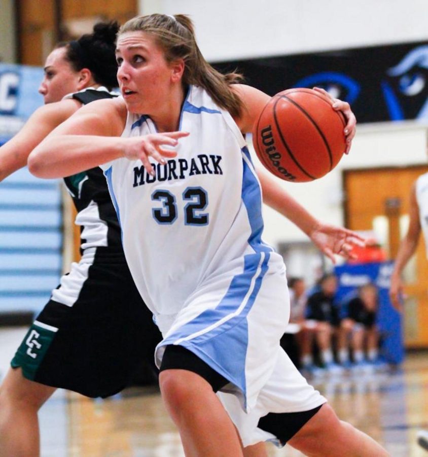 Moorpark College Raider Kathleen Avery gets by a Cuesta Cougar defender at Raider Pavilion on Wednesday Jan.11, 2012. The Raiders won the game 67-56.