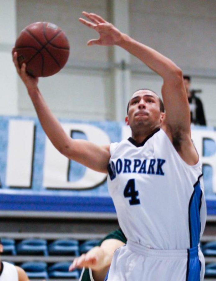 Moorpark College Raider Coltrane Powdrill drives to the basket in the game against the Cuesta College Cougars at Raider Pavilion on Wednesday Jan. 11, 2012. The Raiders won the game 75-66.
