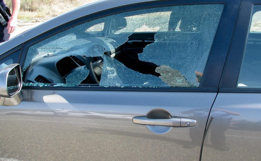 Broken window on damaged car in the Moorpark College north overflow parking lot on February 28, 2012. Police believe that the window was broken by flying gravel kicked up by a vehicle. Photo provided by Moorpark College Police Department.