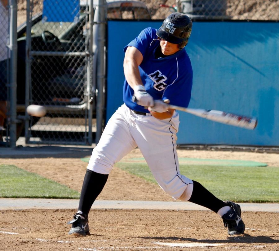 Moorpark College Raider Matty Toczynski hits in a game against Cerritos College at Moorpark College on Feb. 9, 2012.