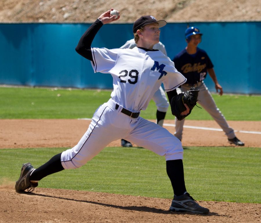 Moorpark College Raider Kevin Brown during the game against the Hancock Bulldogs on Sat., April 28, 2012. The Raiders won the final game of the season 6-5, and tied for first place in the Western State Conference. 