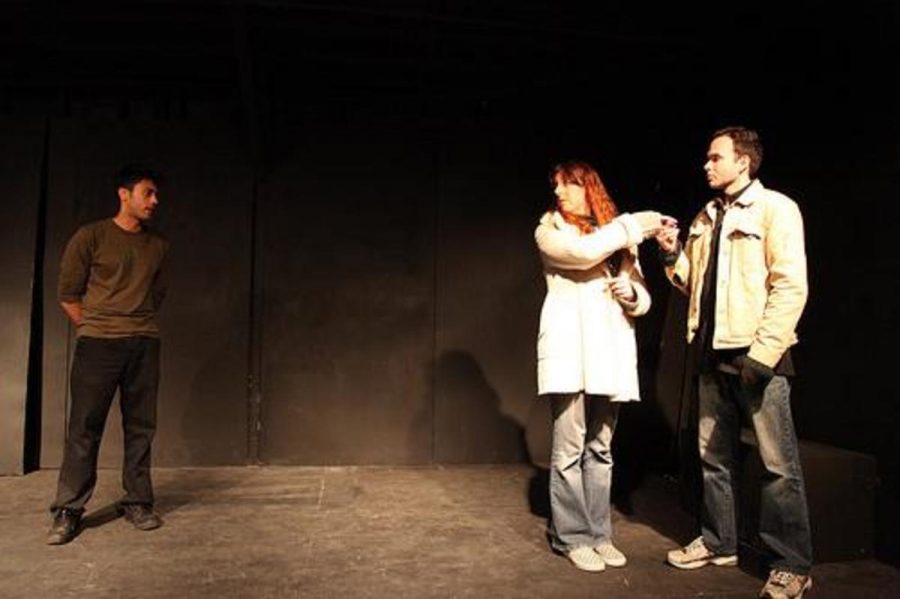 Goneril, center, played by Marilyn Strange, finds herself shifting attention from lover Edmund, played by Micah Watterson, to her servant, Oswald, played by Patrick Connolly. 