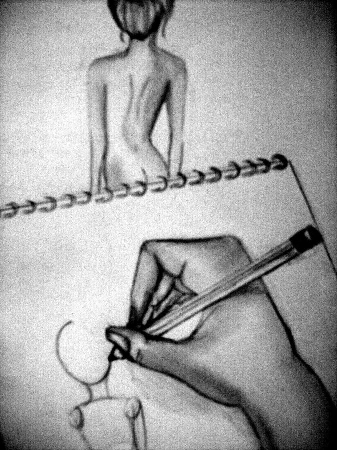 Cartoon of a nude model posing for art students. 