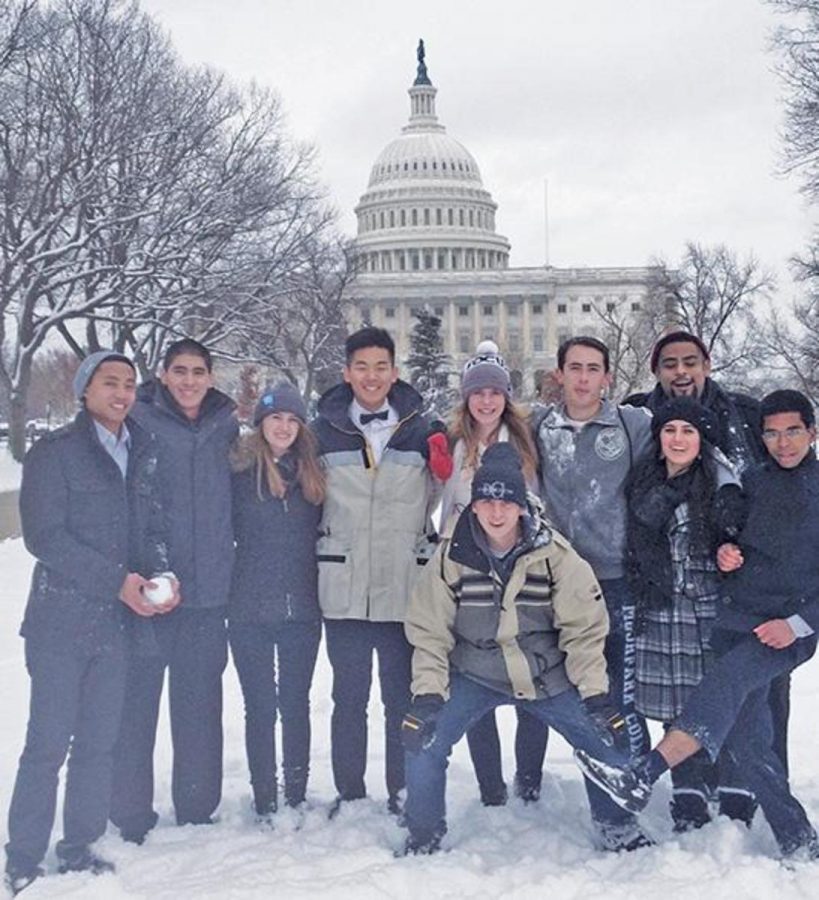 From left: Ignatius Petilla, Diego Medina, Erin Nosco, Melvin Kim, Christine Anderson, who stands behind Andrew Anderson, then Andrew Brown, Jesse Alcala, who stands behind Victoria Zolfaghari, and Malik Sanders. Students took a break from business at the D.C. conference to enjoy the incredible sights. 