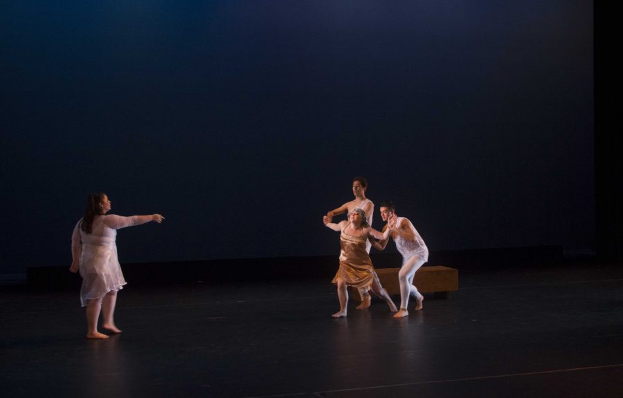 Dance tudents during a performance at the annual ‘Motion Flux’ on Friday, April 24. Photo credit: Ciara Gallagher