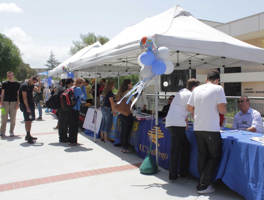 Moorpark College students speak with prospective universities at the 6th annual Moorpark College Transfer Social on Thursday May 7 on Raider Walk.