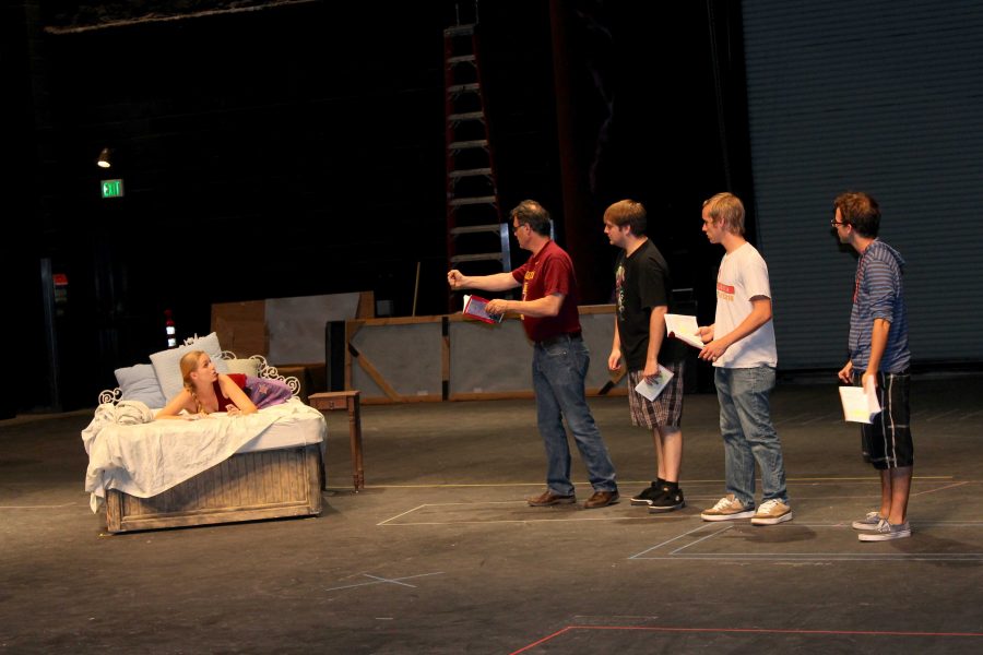 Director John Loprieno, gives stage direction to Kate Roach, David Hatfield, Getty Olm, and Dylan Iannolo during Dracula rehearsal at Moorpark College on Sept. 3. Photo credit: Samantha Wulff