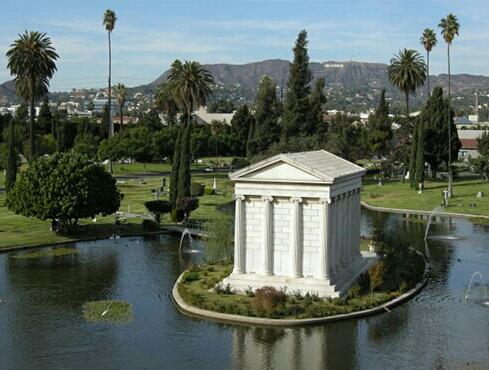 Private family mausoleum at the Hollywood Forever Cemetery in Los Angeles.