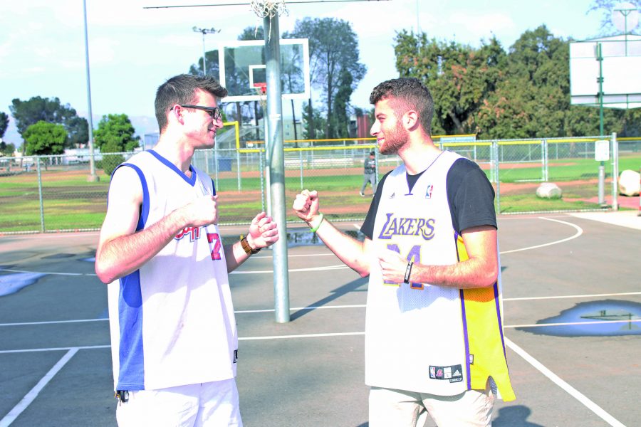 Ethan Beard, right, and Jacob Bliss demonstrate the battle for Los Angeles between the Lakers and Clippers. 