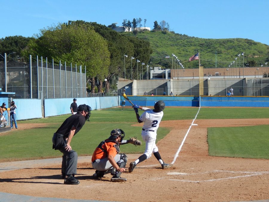 Shortstop Terrell Tate swings and misses in the sixth inning against Ventura pitcher Jackson Simonsgaard. The Raiders defeated Ventura 5-0. Photo credit: Brian King