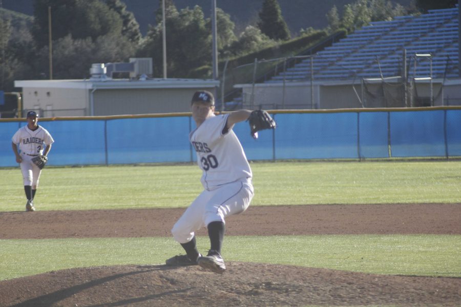 Pitcher Chad Gubiza during his wind up in the eighth inning. The Raiders held on to defeat Bakersfield 4-2. Photo credit: Chase Oliver
