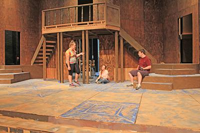 From left to right Leslie Woessner, 20, Technical Theater, Sarah King, 18, Communications  and Jake Arpaia, 18, Technical Theater are constructing scenery for their play. The upcoming Technical Theater Proficiency award in the Theater Department focuses on this skill. Photo credit: Nikolas Samuels