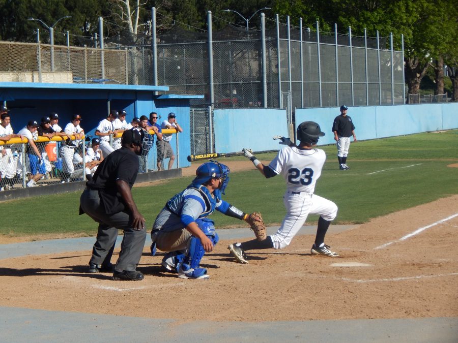 Outfielder Robbie Hynes hits a groundout to third base in the seventh inning, in a 4-3 comeback win over Oxnard College, Thursday. Photo credit: Brian King