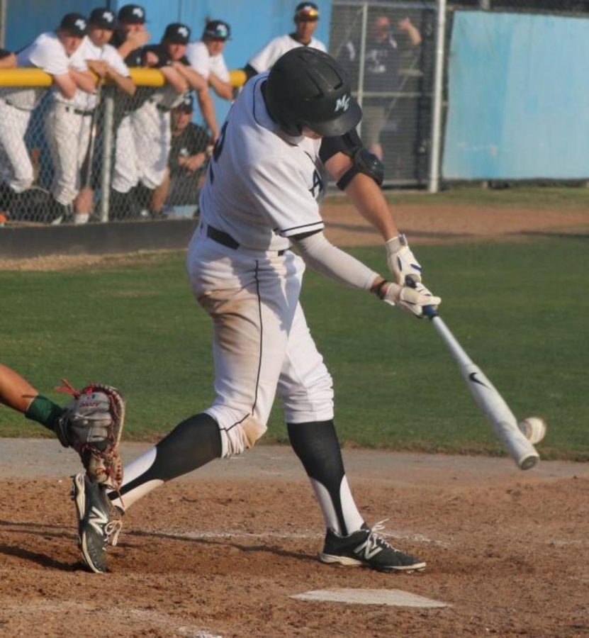 Garrett Serino makes contact with the ball in the season finale at Allan Hancock College. The Raiders won the game, 10-2. Photo credit to Moorpark College Athletics.