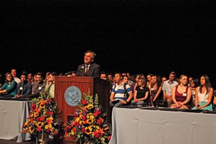 Moorpark College President Dr. Luis Sanchez shows his appreciation to the outstanding students and the generous donors as he opens the Scholarship Reception.  The ceremony was for the students who received scholarships to help continue their educations. Photo credit: Agustin Garcia