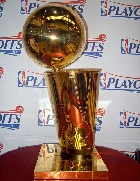 Each team in the NBA playoffs is competing to hold up this trophy and call themselves champions. Photo credit to Rico Shen via Wiki Commons.