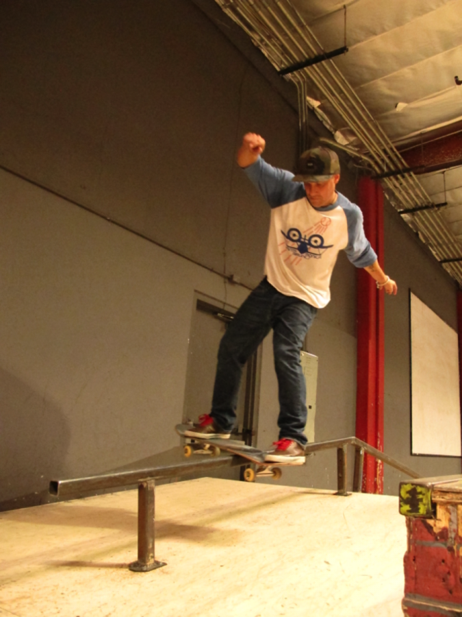 Professional Skateboarder, Steve Badillo, boardslides Skatelabs new kinked rail. Photo credit: Molly-Anne Dameron