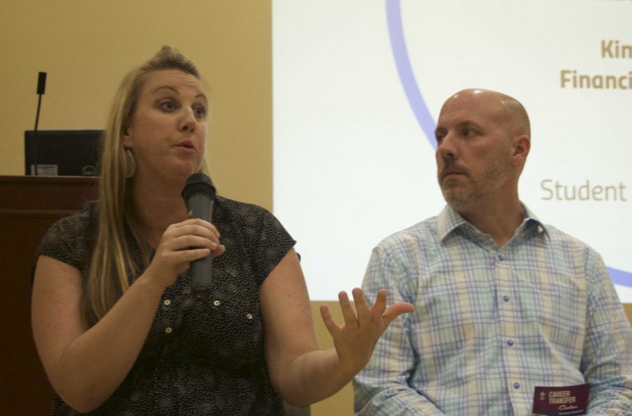 Traci Allen (left), chair of the counseling department, speaks about programs offered at Moorpark while Donald Munshower, coordinator of the Career Transfer Center, looks on. Photo credit: Frank Ralph