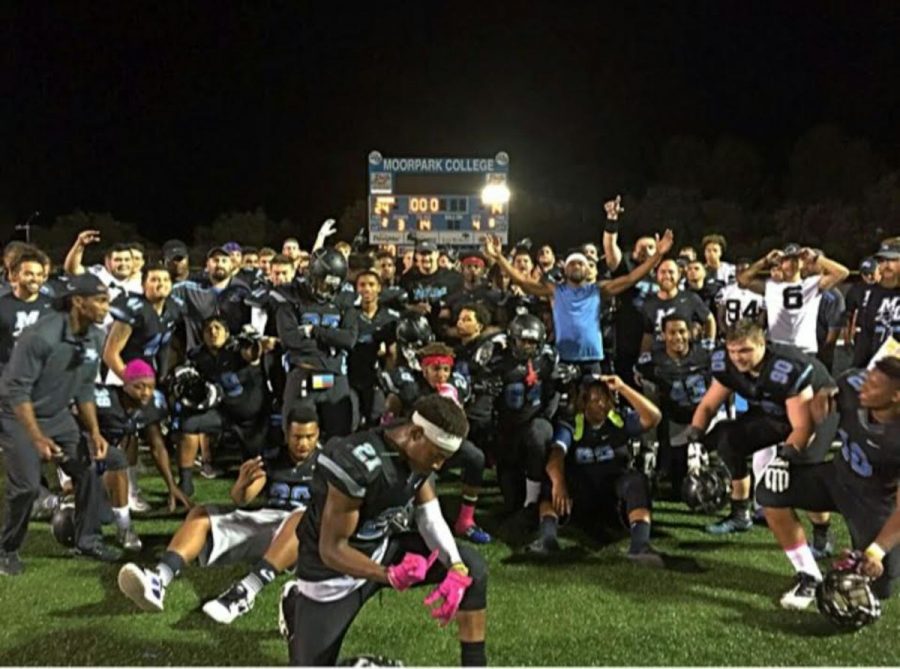 The Raider football team celebrating together after their first win of the season. PC: Moorpark College Raider football Instagram page