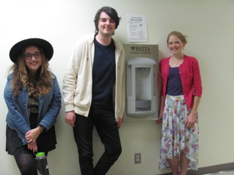 Associated Students Director of Academic Affairs Carmel Gutherz, left, Associated Students Director of External Affairs Patrick Nordstrom, and Lauren Somerville believe that installing more hydration stations would make Moorpark a more sustainable campus. Photo credit: Son Ly
