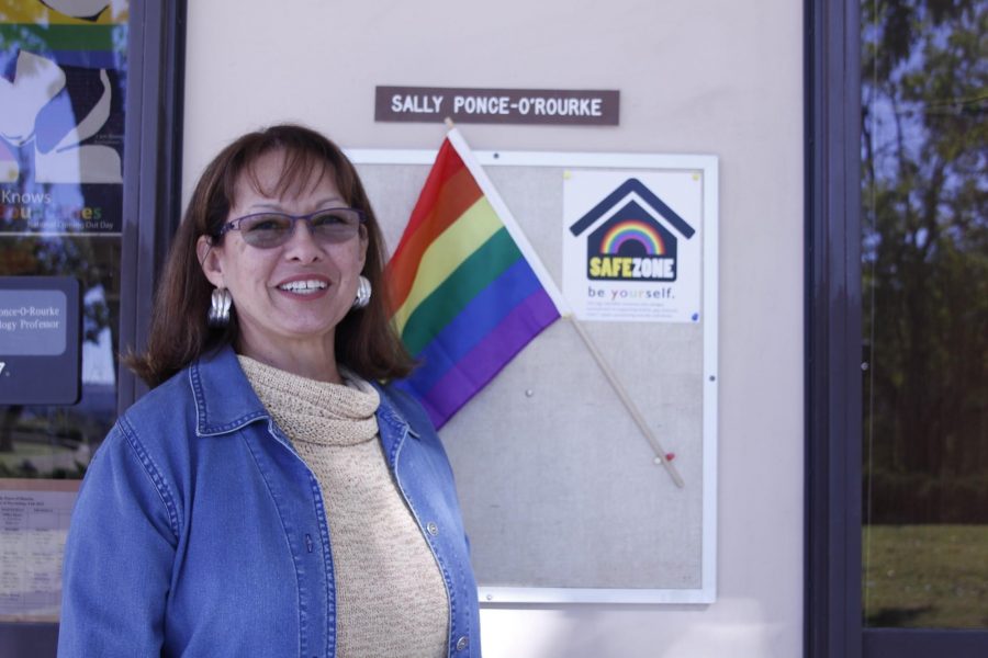 Spectrum Club advisor and safe zone ally Sally Ponce-ORourke outside her designated safe zone office in HSS 137. Photo credit: James Schaap