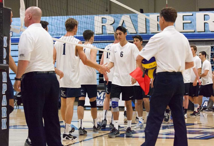 Moorpark Raider Chris Corcino (6) shakes hands with Irvine Valley College’s Garret Costello (1) after an incredibly close fifth set during Friday night’s Men’s Volleyball game at the Raider Pavilion.