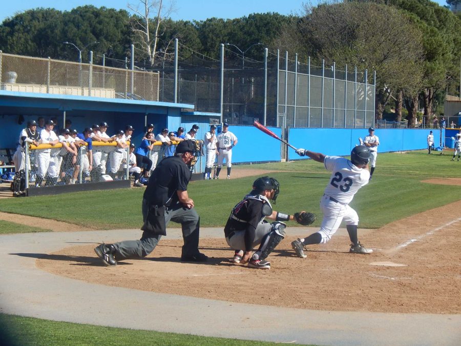 Freshman Jeff Wilson hits a base hit to left in the game against Chaffey College on Saturday. He eventually came home in a three-run fifth inning.